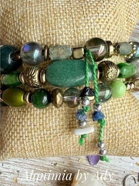 Alquimia Green gemstones and Gold Beaded Bracelet stack